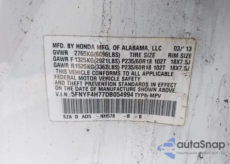 2013 Honda Pilot Ex-L from USA, damaged, VIN 5FNYF4H77DB054994